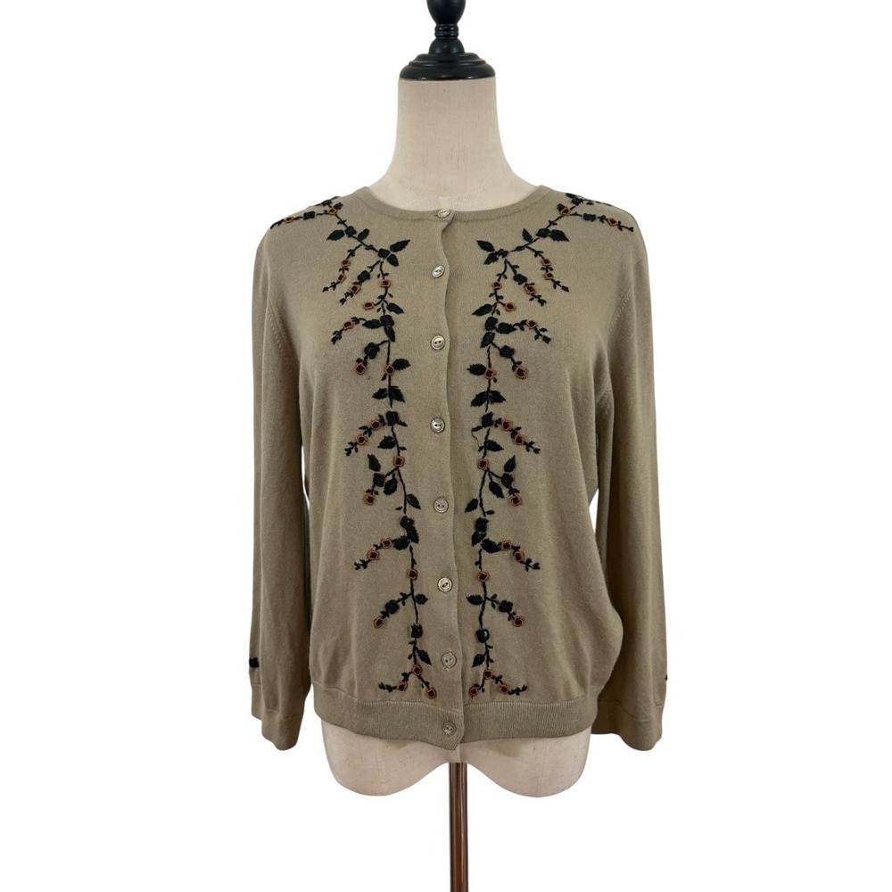 Vtg 90s Jones New Yorks Embroidered Cardigan Sweater Sage Green Silk Angora